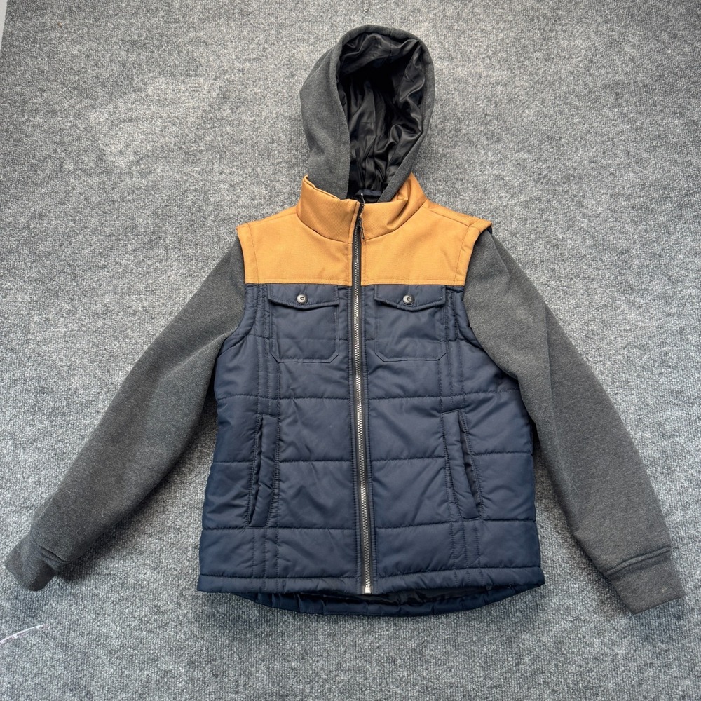 Distortion Hybrid Puffer Jacket Girls 8 Blue Brown Insulated Lined Hooded Winter